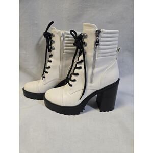 G By Guess Women's Sz 8 Bone White Combat Moto Lace/Zip Up Boots GBG Siana-R | 8